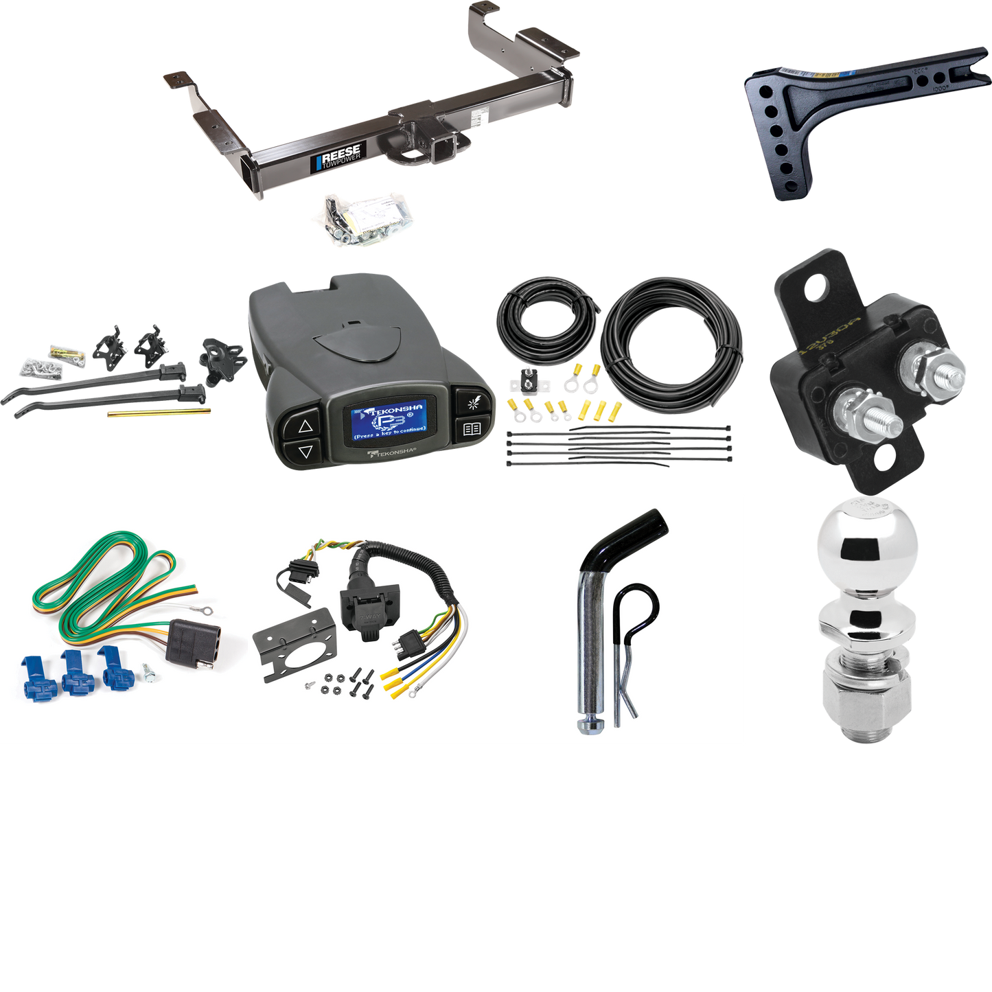 Fits 1996-1999 Chevrolet Express 3500 Trailer Hitch Tow PKG w/ 15K Trunnion Bar Weight Distribution Hitch + Pin/Clip + 2-5/16" Ball + Tekonsha Prodigy P3 Brake Control + 7-Way RV Wiring By Reese Towpower