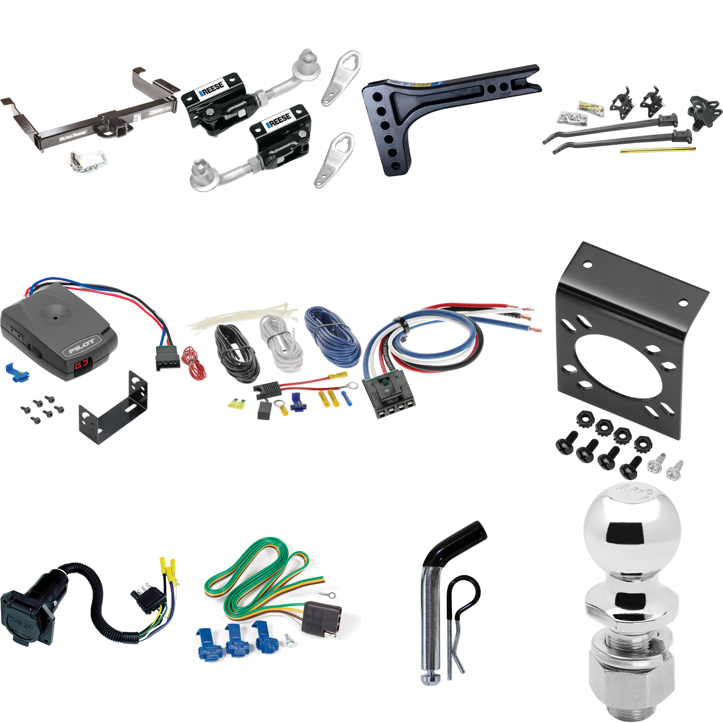 Fits 1996-1999 Chevrolet Express 2500 Trailer Hitch Tow PKG w/ 15K Trunnion Bar Weight Distribution Hitch + Pin/Clip + Dual Cam Sway Control + 2-5/16" Ball + Pro Series Pilot Brake Control + Generic BC Wiring Adapter + 7-Way RV Wiring By Draw-Tite