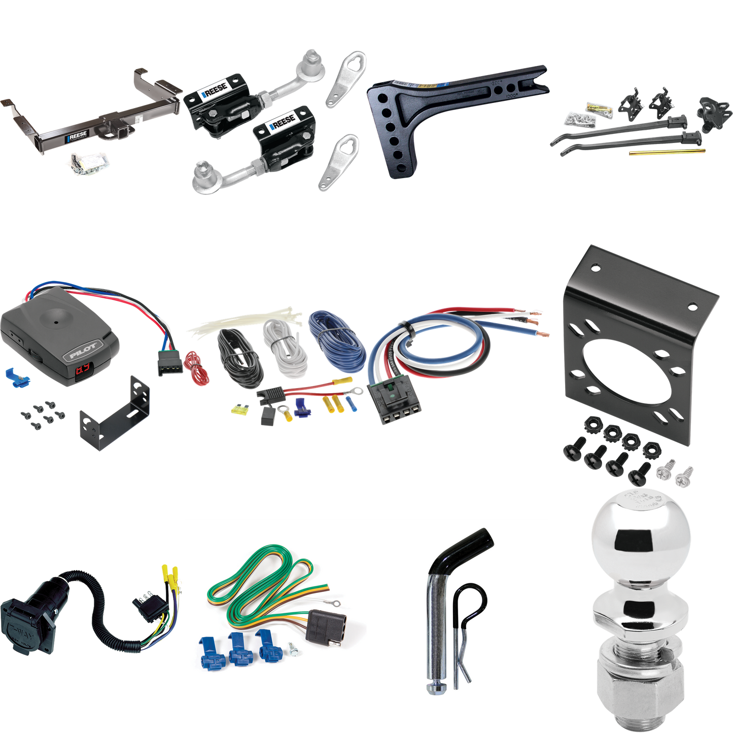 Fits 1996-1999 Chevrolet Express 1500 Trailer Hitch Tow PKG w/ 15K Trunnion Bar Weight Distribution Hitch + Pin/Clip + Dual Cam Sway Control + 2-5/16" Ball + Pro Series Pilot Brake Control + Generic BC Wiring Adapter + 7-Way RV Wiring By Reese Towpow