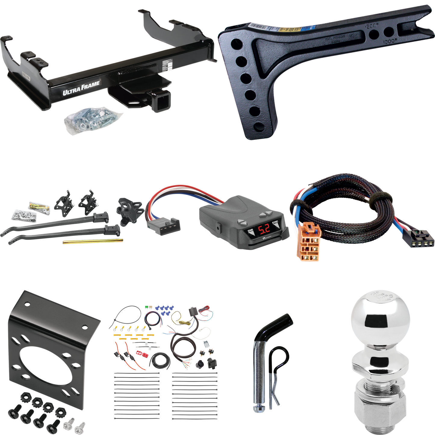 Fits 2003-2007 Chevrolet Silverado 3500 Trailer Hitch Tow PKG w/ 15K Trunnion Bar Weight Distribution Hitch + Pin/Clip + 2-5/16" Ball + Tekonsha Brakeman IV Brake Control + Plug & Play BC Adapter + 7-Way RV Wiring (For (Classic), Cab & Chassis, w/34"