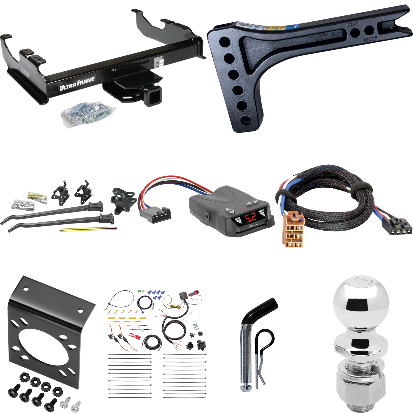 Fits 2001-2002 Chevrolet Silverado 3500 Trailer Hitch Tow PKG w/ 15K Trunnion Bar Weight Distribution Hitch + Pin/Clip + 2-5/16" Ball + Tekonsha Brakeman IV Brake Control + Plug & Play BC Adapter + 7-Way RV Wiring (For (Classic), Cab & Chassis, w/34"