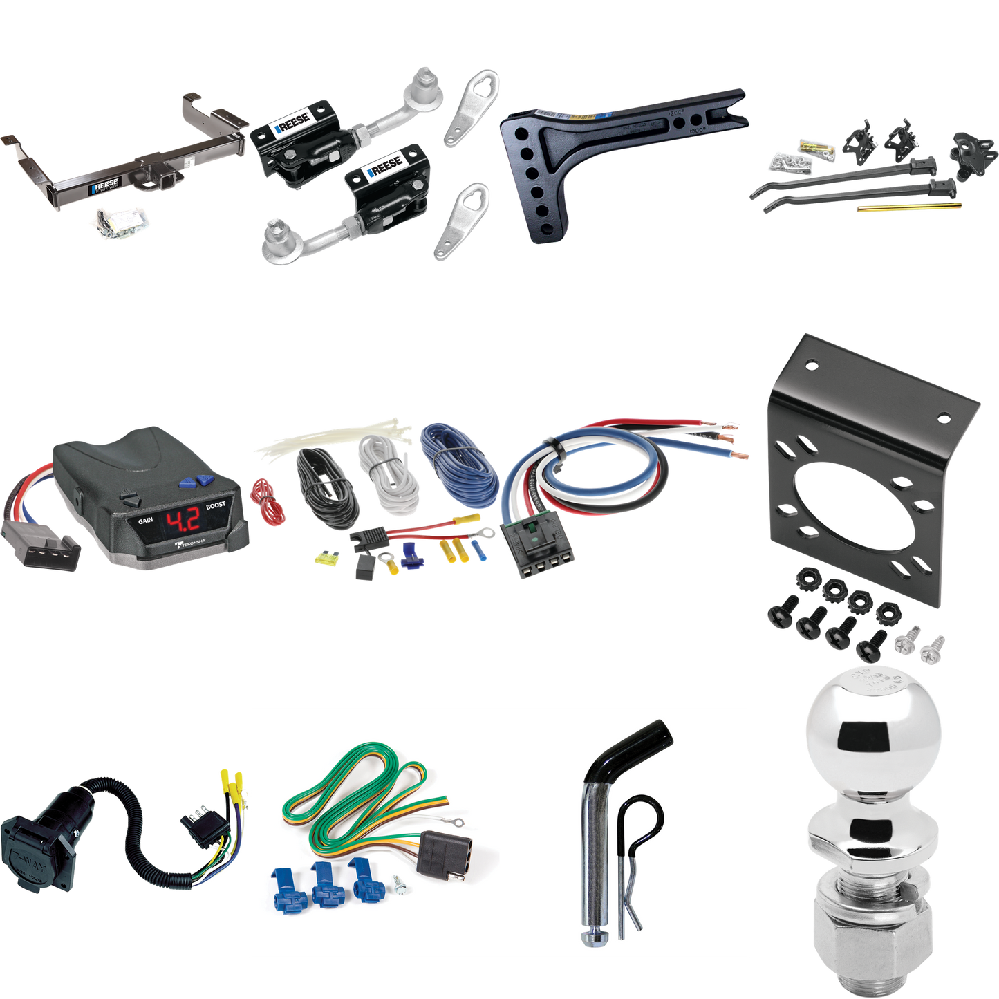 Fits 1996-1999 Chevrolet Express 3500 Trailer Hitch Tow PKG w/ 15K Trunnion Bar Weight Distribution Hitch + Pin/Clip + Dual Cam Sway Control + 2-5/16" Ball + Tekonsha BRAKE-EVN Brake Control + Generic BC Wiring Adapter + 7-Way RV Wiring By Reese Towp