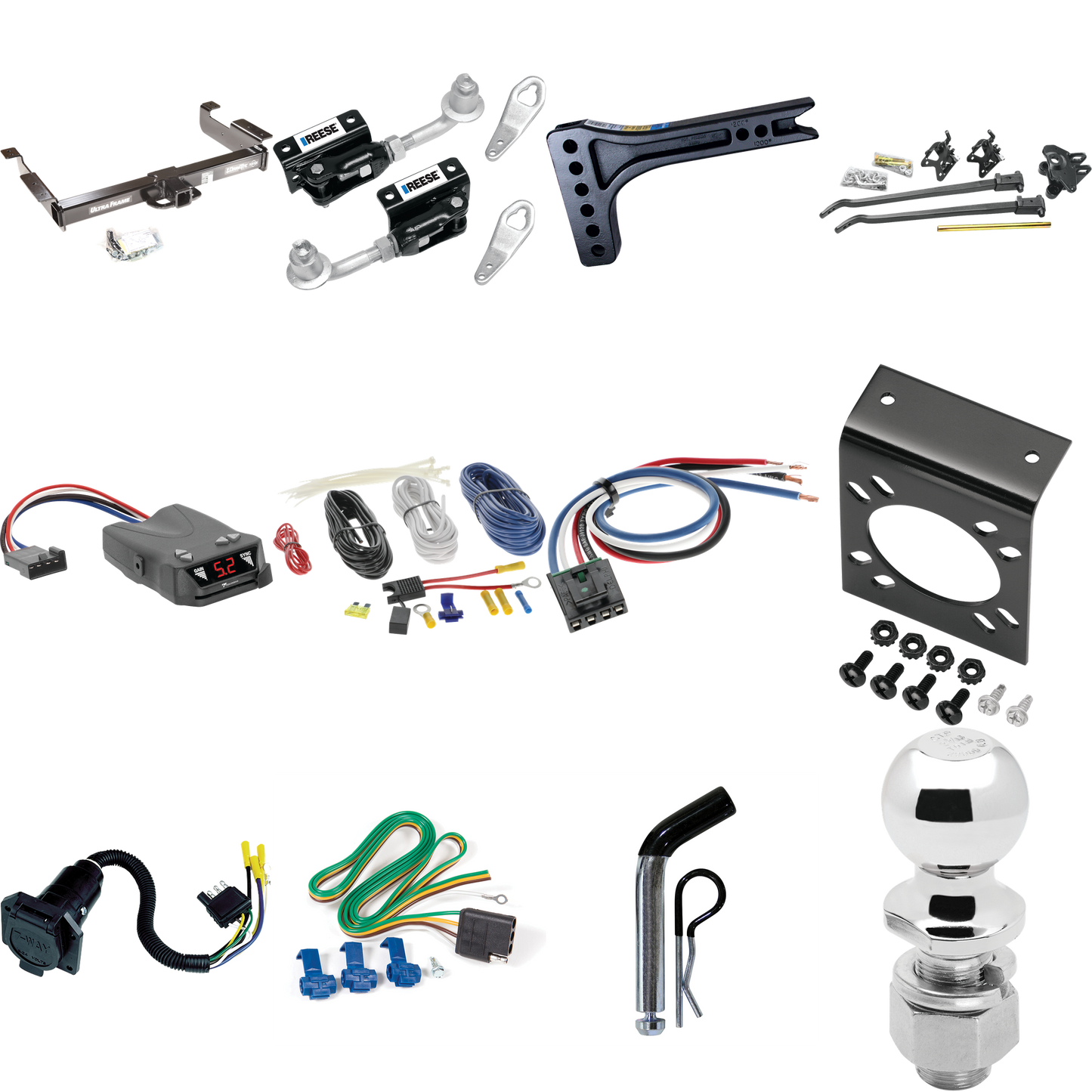 Fits 1996-1999 Chevrolet Express 2500 Trailer Hitch Tow PKG w/ 15K Trunnion Bar Weight Distribution Hitch + Pin/Clip + Dual Cam Sway Control + 2-5/16" Ball + Tekonsha Brakeman IV Brake Control + Generic BC Wiring Adapter + 7-Way RV Wiring By Draw-Tit