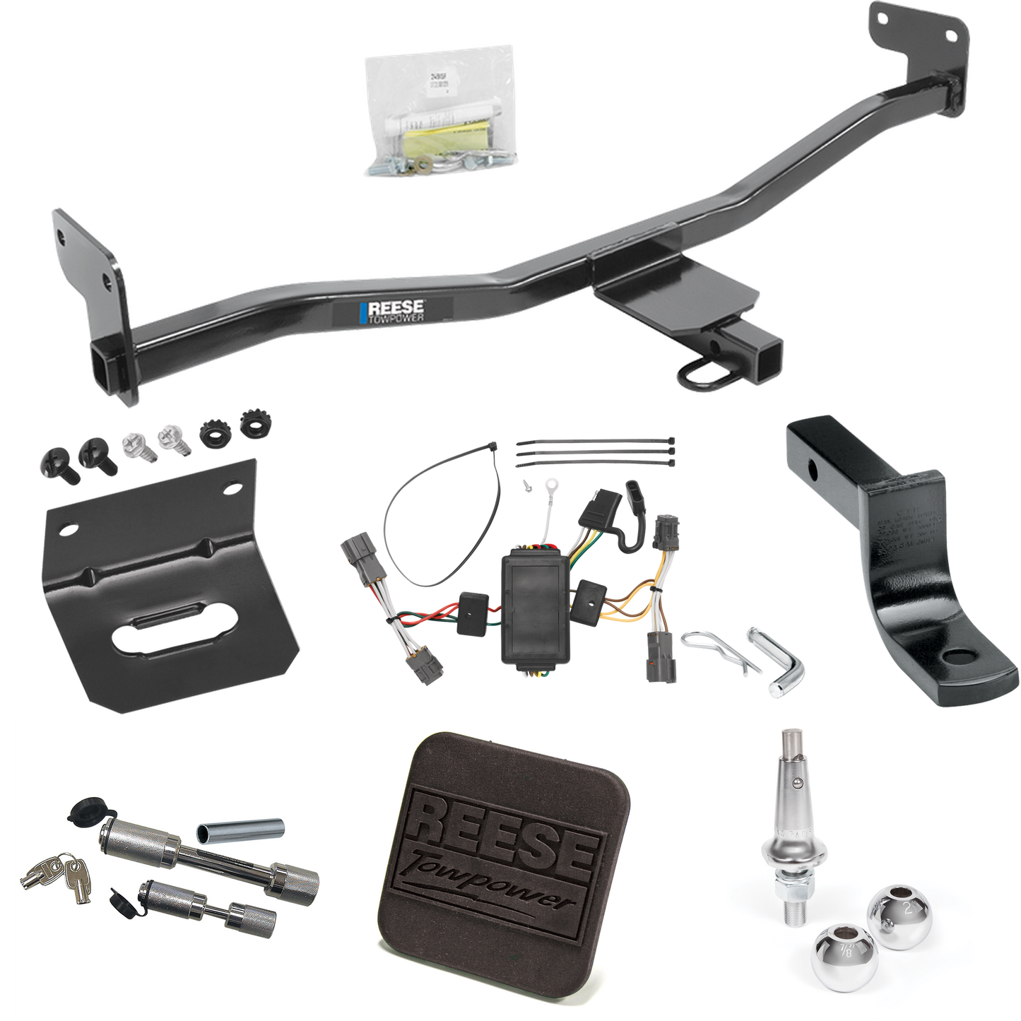 Fits 2014-2019 KIA Soul Trailer Hitch Tow PKG w/ 4-Flat Wiring Harness + Draw-Bar + Interchangeable 1-7/8" & 2" Balls + Wiring Bracket + Hitch Cover + Dual Hitch & Coupler Locks (Excludes: w/LED Taillights Models) By Reese Towpower