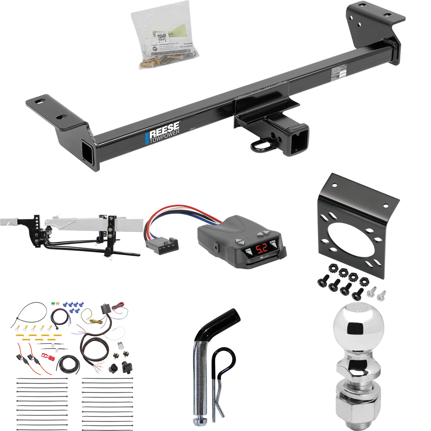 Fits 2022-2022 Lexus RX350 Trailer Hitch Tow PKG w/ 8K Round Bar Weight Distribution Hitch w/ 2-5/16" Ball + 2" Ball + Pin/Clip + Tekonsha Brakeman IV Brake Control + 7-Way RV Wiring (Excludes: F Sport Models) By Reese Towpower