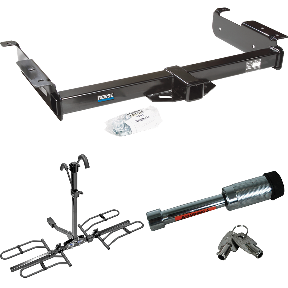 Fits 1996-2023 GMC Savana 3500 Trailer Hitch Tow PKG w/ 2 Bike Plaform Style Carrier Rack + Hitch Lock By Reese Towpower