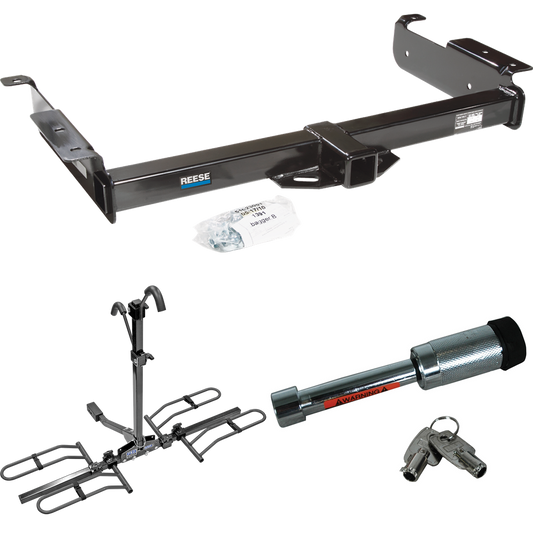 Fits 1996-2023 GMC Savana 3500 Trailer Hitch Tow PKG w/ 2 Bike Plaform Style Carrier Rack + Hitch Lock By Reese Towpower