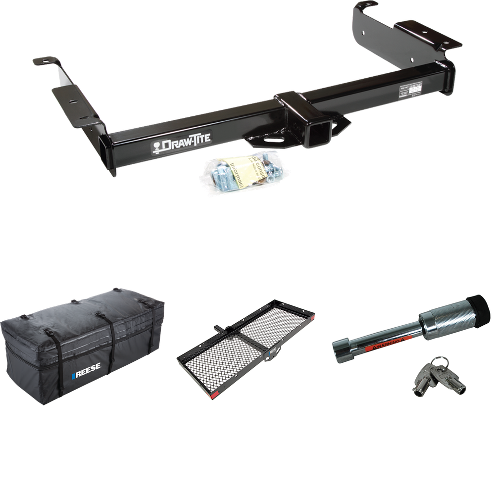 Fits 1996-2023 Chevrolet Express 3500 Trailer Hitch Tow PKG w/ 48" x 20" Cargo Carrier + Cargo Bag + Hitch Lock By Draw-Tite