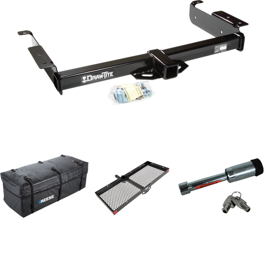 Fits 1996-2023 Chevrolet Express 3500 Trailer Hitch Tow PKG w/ 48" x 20" Cargo Carrier + Cargo Bag + Hitch Lock By Draw-Tite