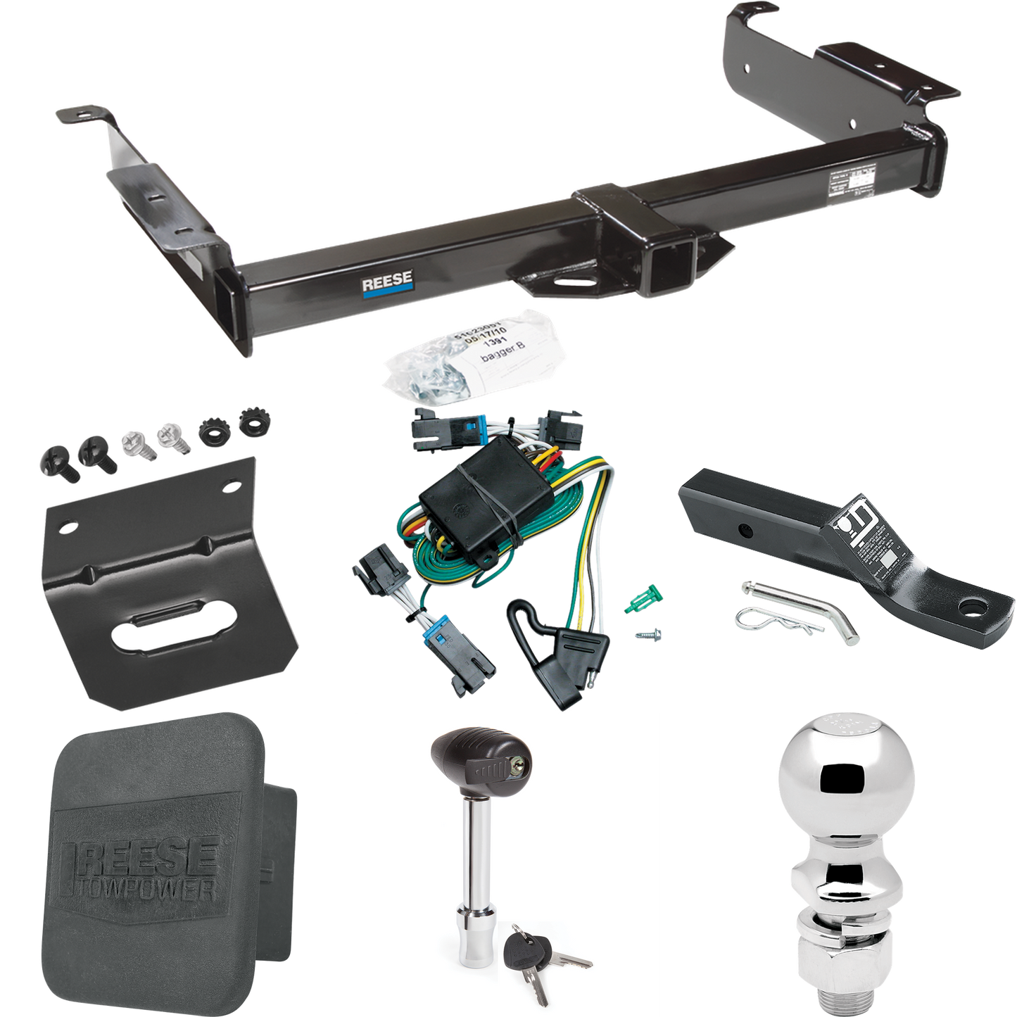 Fits 2000-2002 Chevrolet Express 3500 Trailer Hitch Tow PKG w/ 4-Flat Wiring + Ball Mount w/ 2" Drop + 2-5/16" Ball + Wiring Bracket + Hitch Lock + Hitch Cover By Reese Towpower