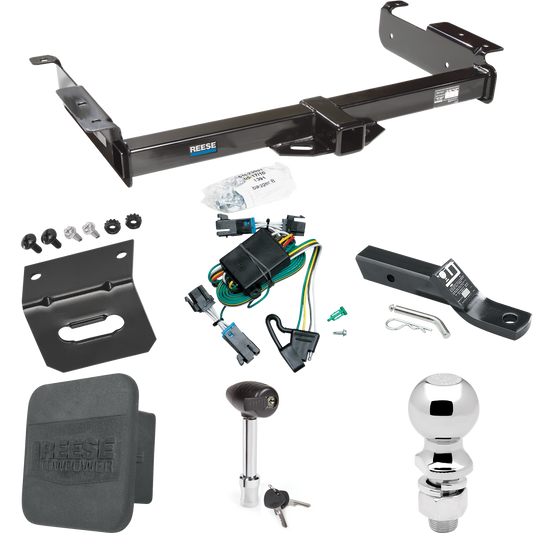 Fits 2000-2002 Chevrolet Express 3500 Trailer Hitch Tow PKG w/ 4-Flat Wiring + Ball Mount w/ 2" Drop + 2-5/16" Ball + Wiring Bracket + Hitch Lock + Hitch Cover By Reese Towpower