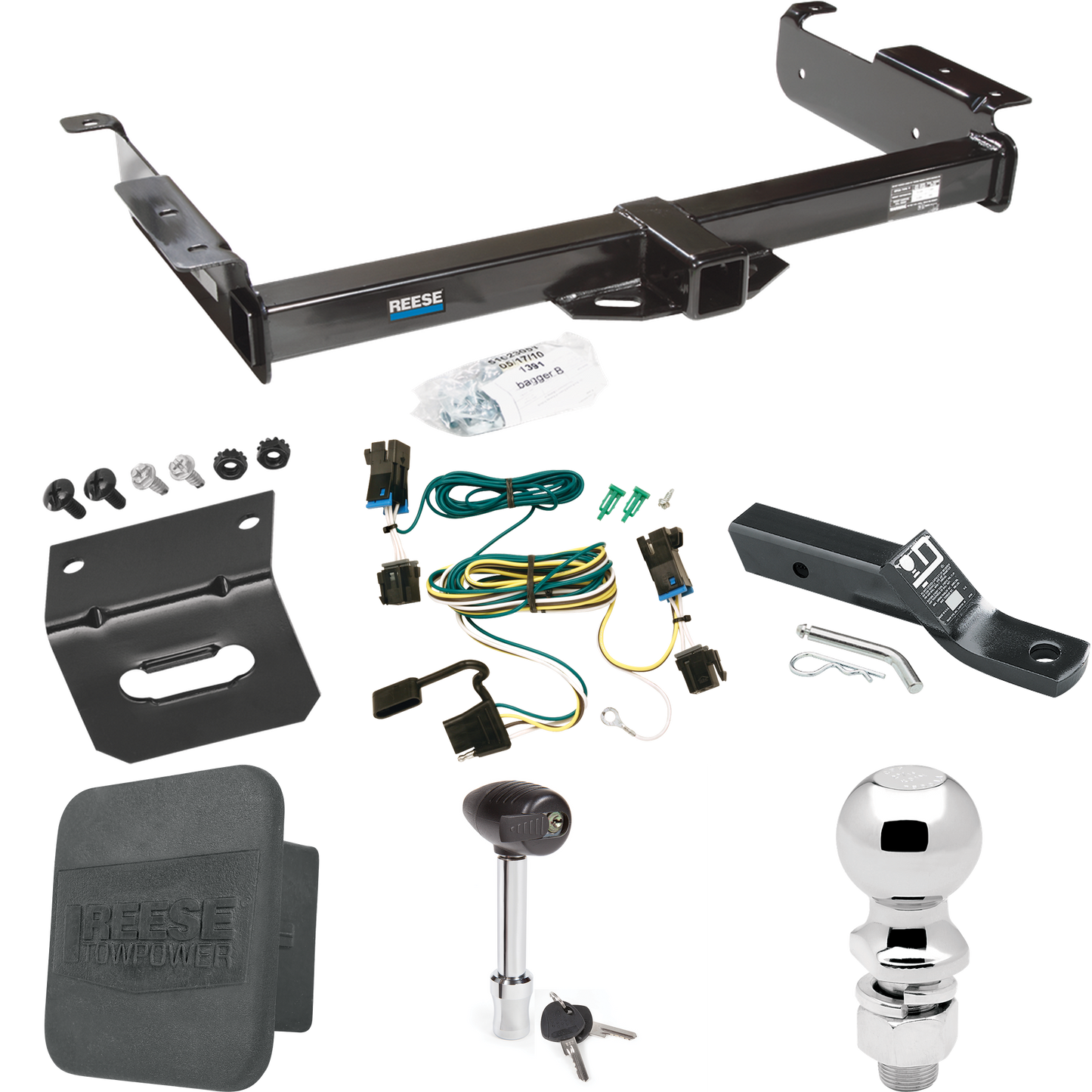 Fits 2003-2023 Chevrolet Express 2500 Trailer Hitch Tow PKG w/ 4-Flat Wiring + Ball Mount w/ 2" Drop + 2-5/16" Ball + Wiring Bracket + Hitch Lock + Hitch Cover By Reese Towpower