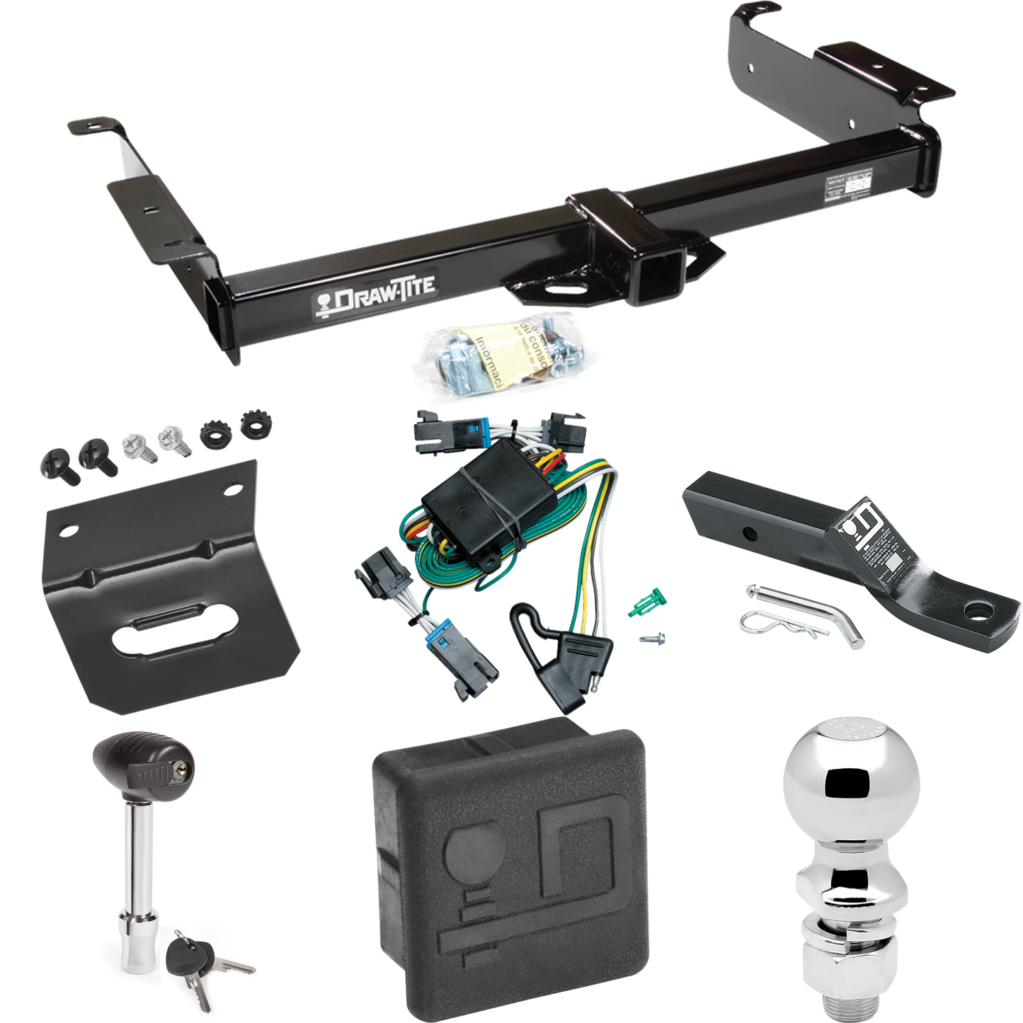 Fits 2000-2002 GMC Savana 2500 Trailer Hitch Tow PKG w/ 4-Flat Wiring + Ball Mount w/ 2" Drop + 2-5/16" Ball + Wiring Bracket + Hitch Lock + Hitch Cover By Draw-Tite