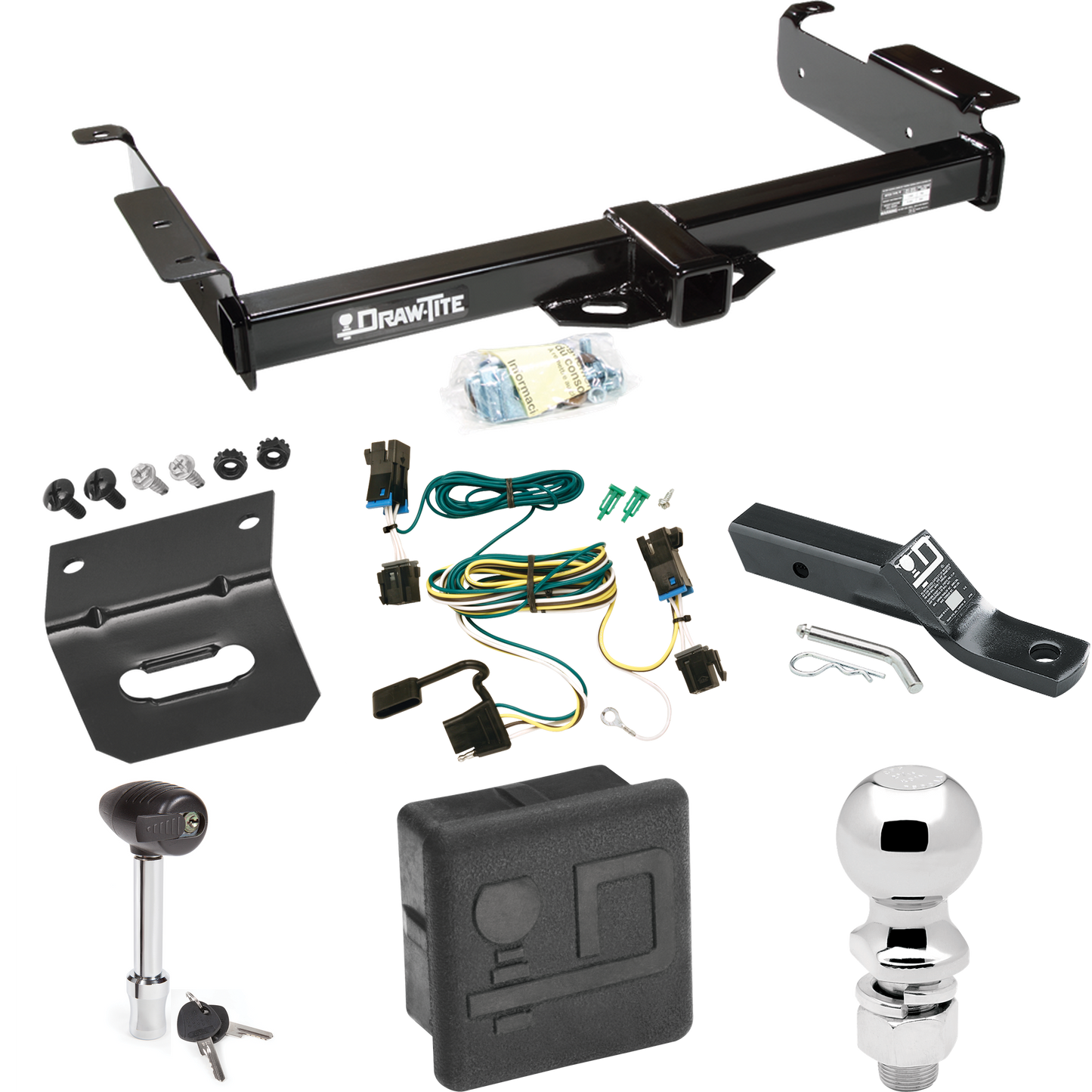 Fits 2003-2023 GMC Savana 3500 Trailer Hitch Tow PKG w/ 4-Flat Wiring + Ball Mount w/ 2" Drop + 2-5/16" Ball + Wiring Bracket + Hitch Lock + Hitch Cover By Draw-Tite