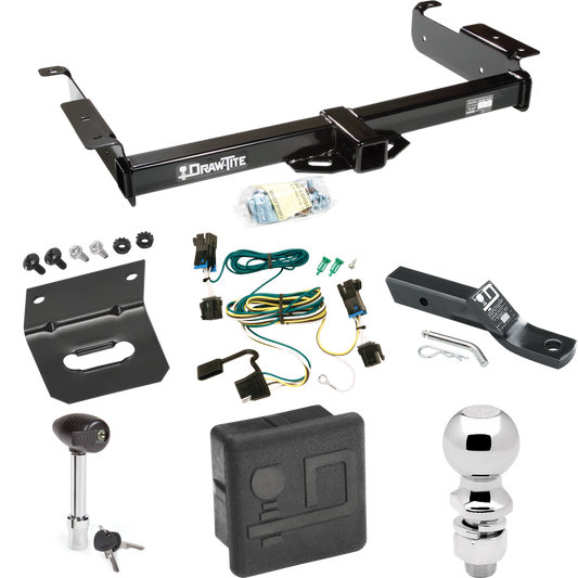 Fits 2003-2023 GMC Savana 3500 Trailer Hitch Tow PKG w/ 4-Flat Wiring + Ball Mount w/ 2" Drop + 2-5/16" Ball + Wiring Bracket + Hitch Lock + Hitch Cover By Draw-Tite