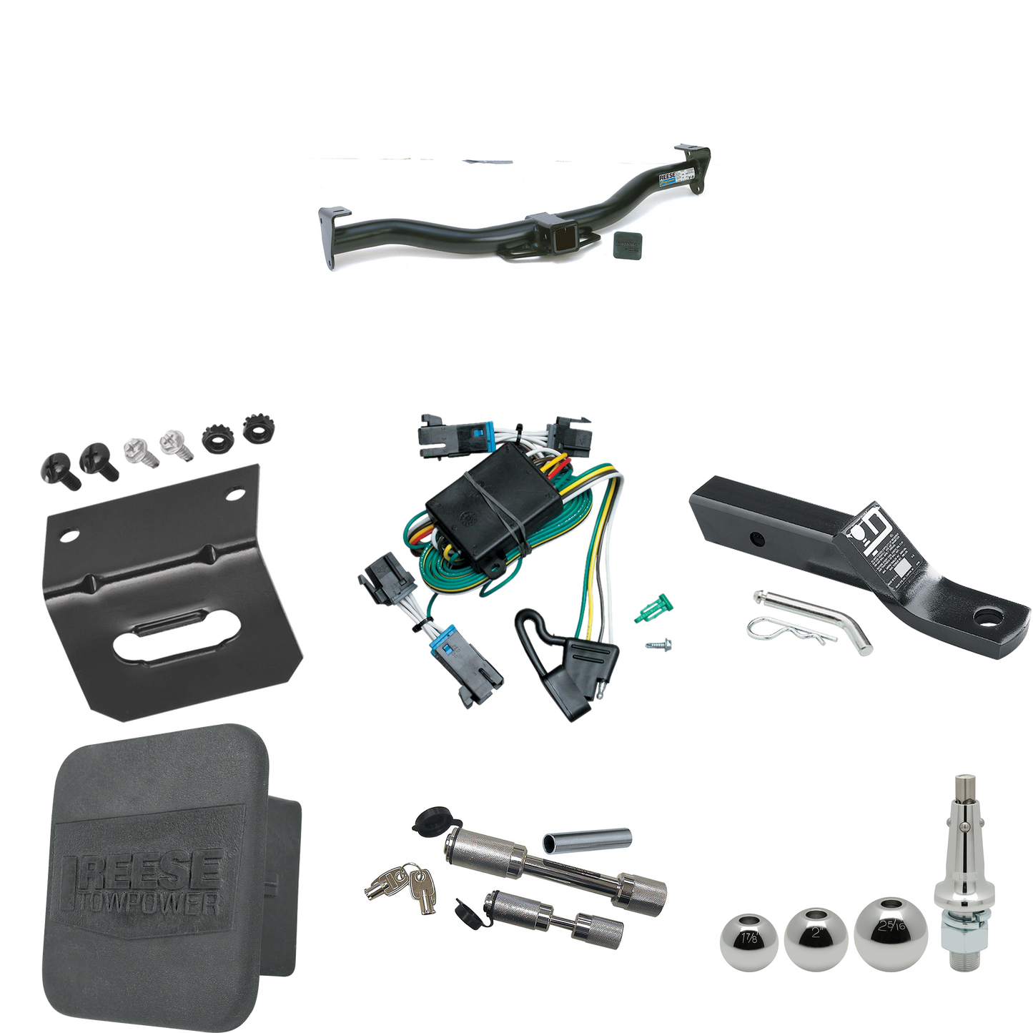 Fits 2000-2002 Chevrolet Express 3500 Trailer Hitch Tow PKG w/ 4-Flat Wiring + Ball Mount w/ 2" Drop + Interchangeable Ball 1-7/8" & 2" & 2-5/16" + Wiring Bracket + Dual Hitch & Coupler Locks + Hitch Cover By Reese Towpower