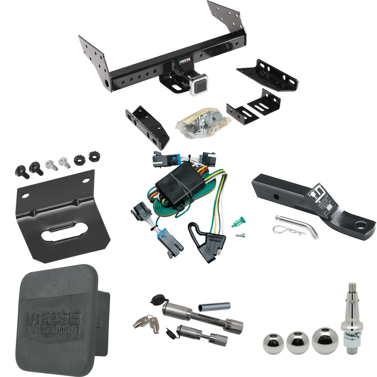 Fits 2000-2002 Chevrolet Express 3500 Trailer Hitch Tow PKG w/ 4-Flat Wiring + Ball Mount w/ 2" Drop + Interchangeable Ball 1-7/8" & 2" & 2-5/16" + Wiring Bracket + Dual Hitch & Coupler Locks + Hitch Cover By Reese Towpower