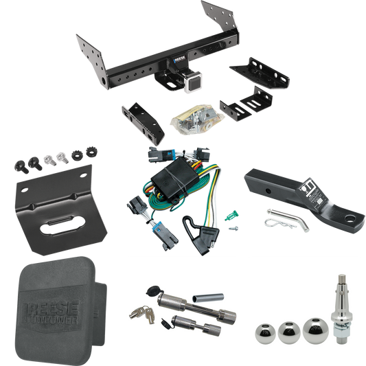 Fits 2000-2002 Chevrolet Express 3500 Trailer Hitch Tow PKG w/ 4-Flat Wiring + Ball Mount w/ 2" Drop + Interchangeable Ball 1-7/8" & 2" & 2-5/16" + Wiring Bracket + Dual Hitch & Coupler Locks + Hitch Cover By Reese Towpower