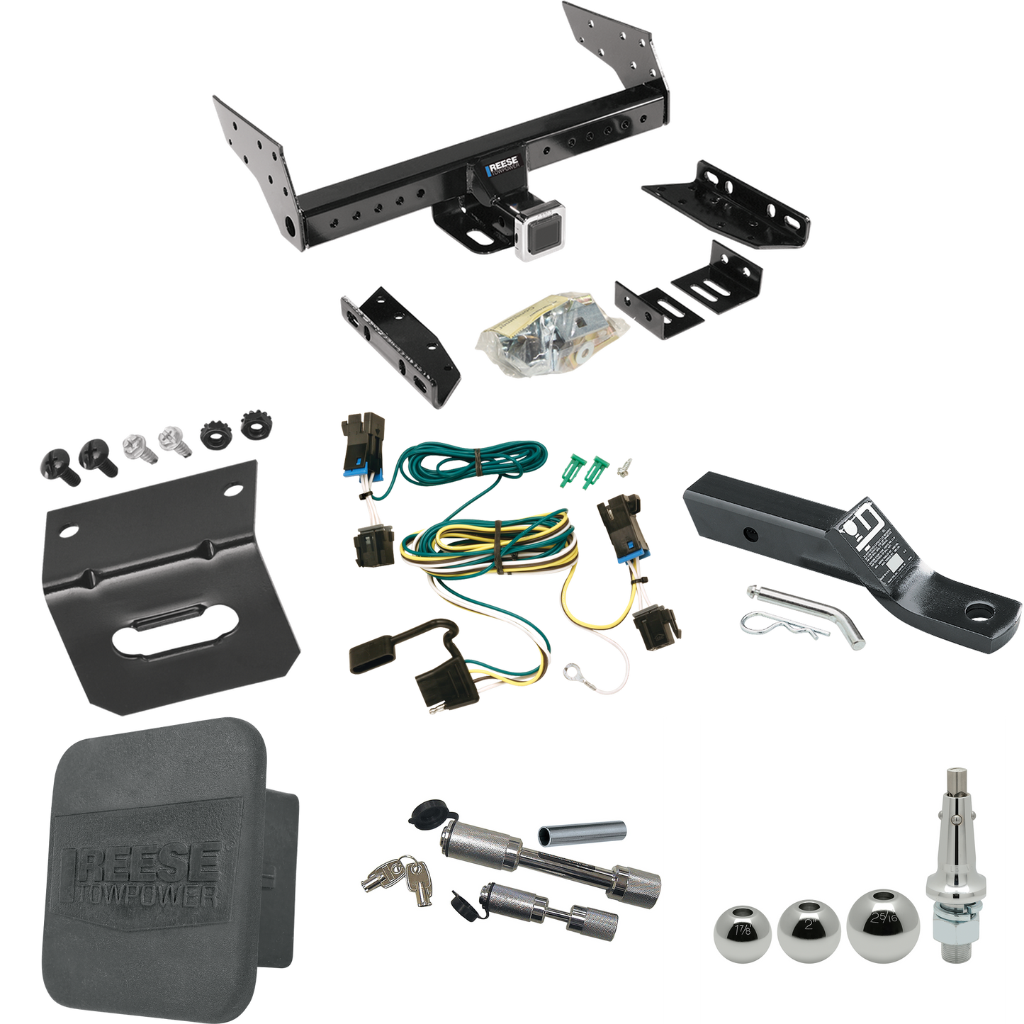 Fits 2003-2023 Chevrolet Express 3500 Trailer Hitch Tow PKG w/ 4-Flat Wiring + Ball Mount w/ 2" Drop + Interchangeable Ball 1-7/8" & 2" & 2-5/16" + Wiring Bracket + Dual Hitch & Coupler Locks + Hitch Cover By Reese Towpower