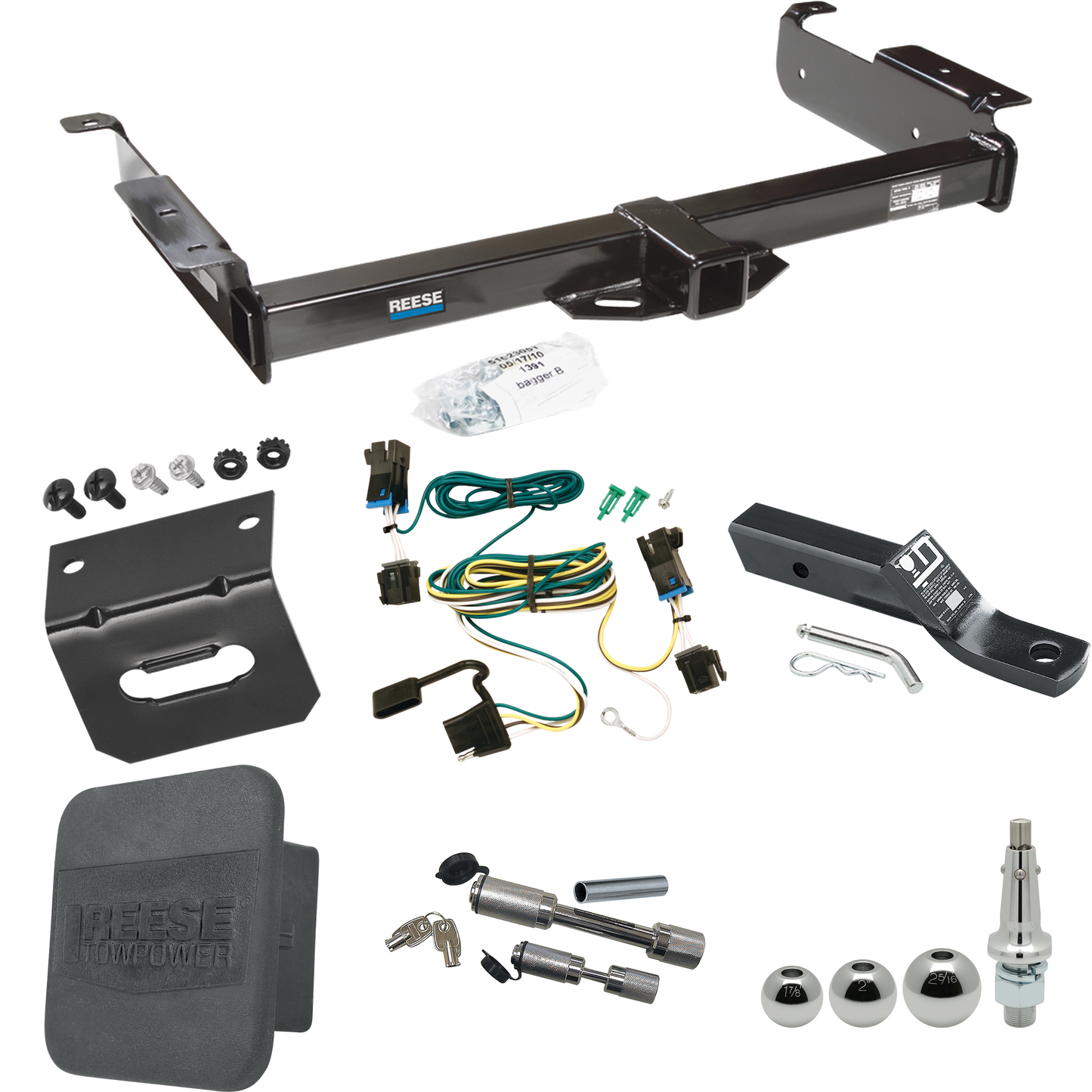 Fits 2003-2023 Chevrolet Express 2500 Trailer Hitch Tow PKG w/ 4-Flat Wiring + Ball Mount w/ 2" Drop + Interchangeable Ball 1-7/8" & 2" & 2-5/16" + Wiring Bracket + Dual Hitch & Coupler Locks + Hitch Cover By Reese Towpower