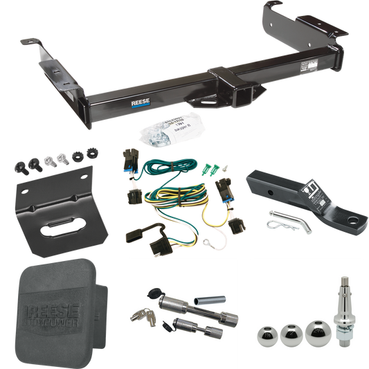 Fits 2003-2023 Chevrolet Express 2500 Trailer Hitch Tow PKG w/ 4-Flat Wiring + Ball Mount w/ 2" Drop + Interchangeable Ball 1-7/8" & 2" & 2-5/16" + Wiring Bracket + Dual Hitch & Coupler Locks + Hitch Cover By Reese Towpower