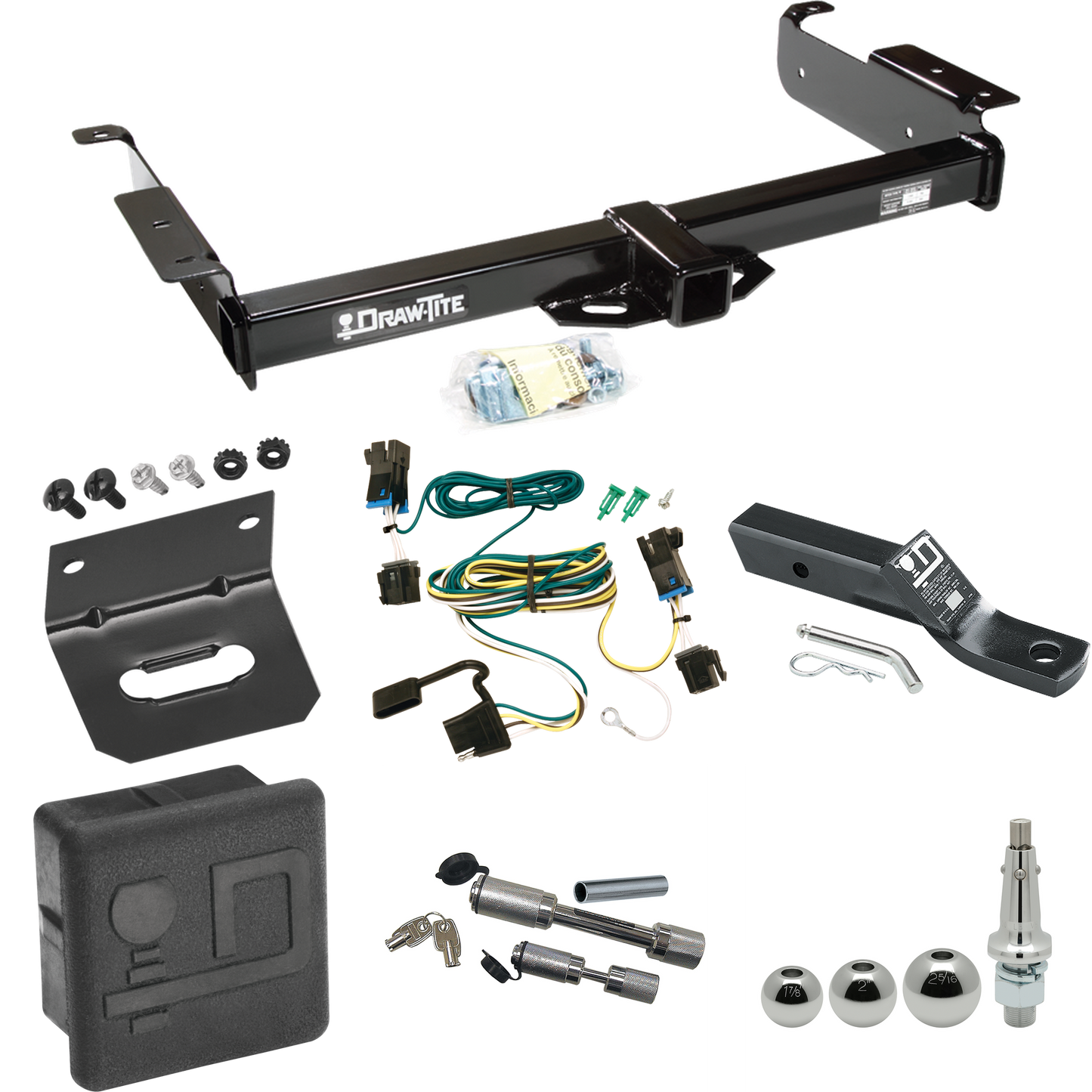 Fits 2003-2023 GMC Savana 2500 Trailer Hitch Tow PKG w/ 4-Flat Wiring + Ball Mount w/ 2" Drop + Interchangeable Ball 1-7/8" & 2" & 2-5/16" + Wiring Bracket + Dual Hitch & Coupler Locks + Hitch Cover By Draw-Tite