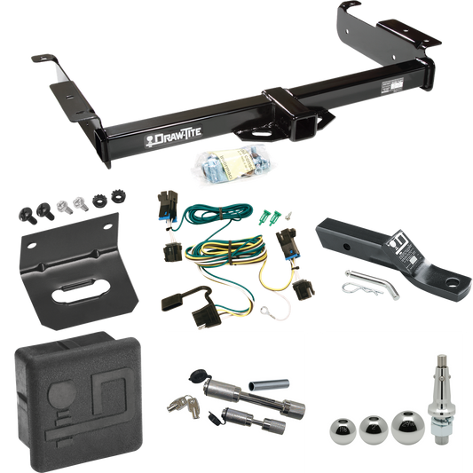 Fits 2003-2023 GMC Savana 2500 Trailer Hitch Tow PKG w/ 4-Flat Wiring + Ball Mount w/ 2" Drop + Interchangeable Ball 1-7/8" & 2" & 2-5/16" + Wiring Bracket + Dual Hitch & Coupler Locks + Hitch Cover By Draw-Tite