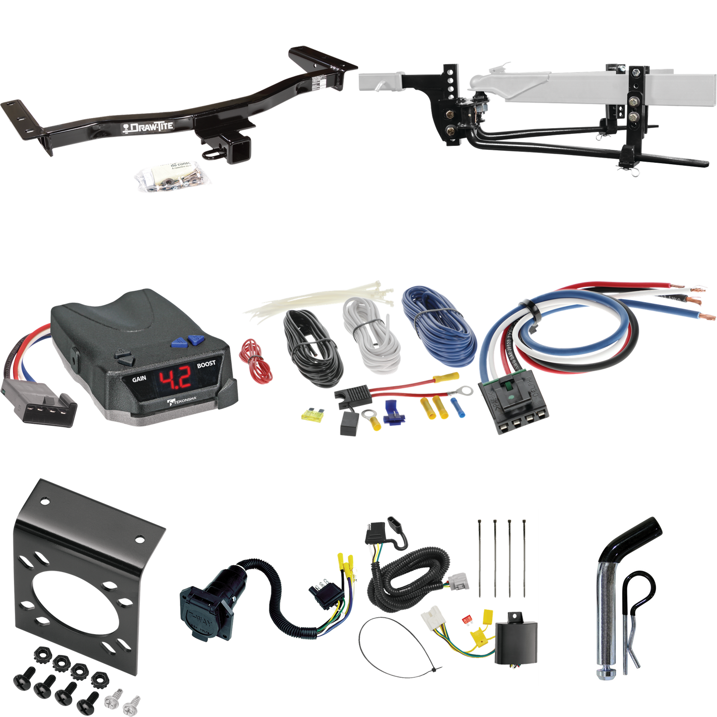 Fits 2010-2015 Lexus RX450h Trailer Hitch Tow PKG w/ 6K Round Bar Weight Distribution Hitch w/ 2-5/16" Ball + Pin/Clip + Tekonsha BRAKE-EVN Brake Control + Generic BC Wiring Adapter + 7-Way RV Wiring By Draw-Tite