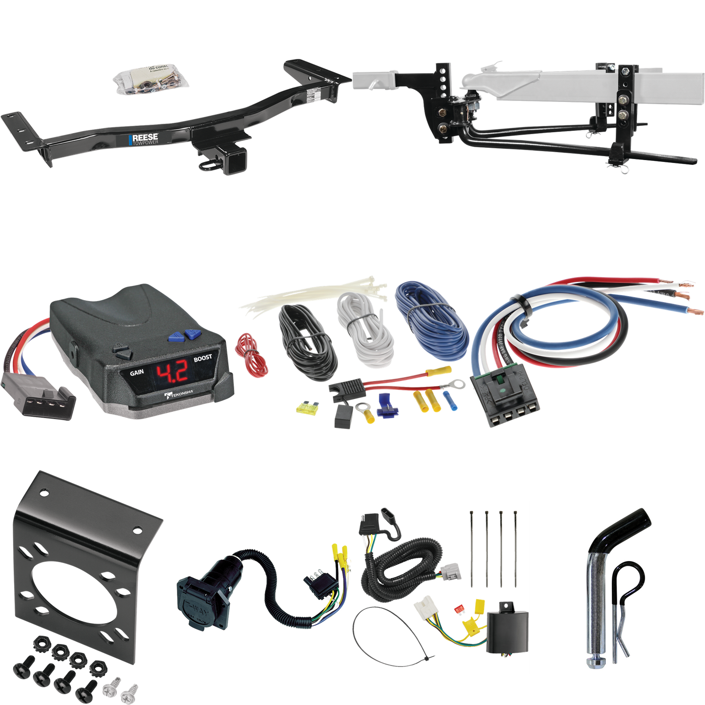 Fits 2013-2019 Lexus RX350 Trailer Hitch Tow PKG w/ 6K Round Bar Weight Distribution Hitch w/ 2-5/16" Ball + Pin/Clip + Tekonsha BRAKE-EVN Brake Control + Generic BC Wiring Adapter + 7-Way RV Wiring (Excludes: F Sport Models) By Reese Towpower