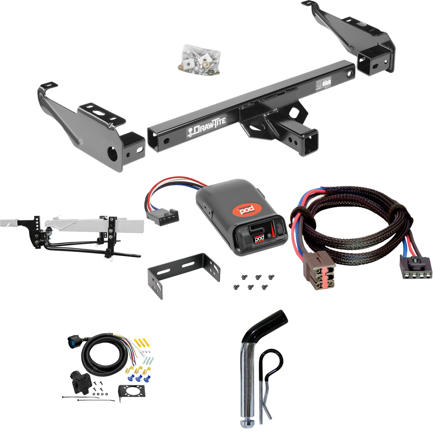 Fits 1994-1996 Ford F-250 Trailer Hitch Tow PKG w/ 11.5K Round Bar Weight Distribution Hitch w/ 2-5/16" Ball + Pin/Clip + Pro Series POD Brake Control + Plug & Play BC Adapter + 7-Way RV Wiring By Draw-Tite