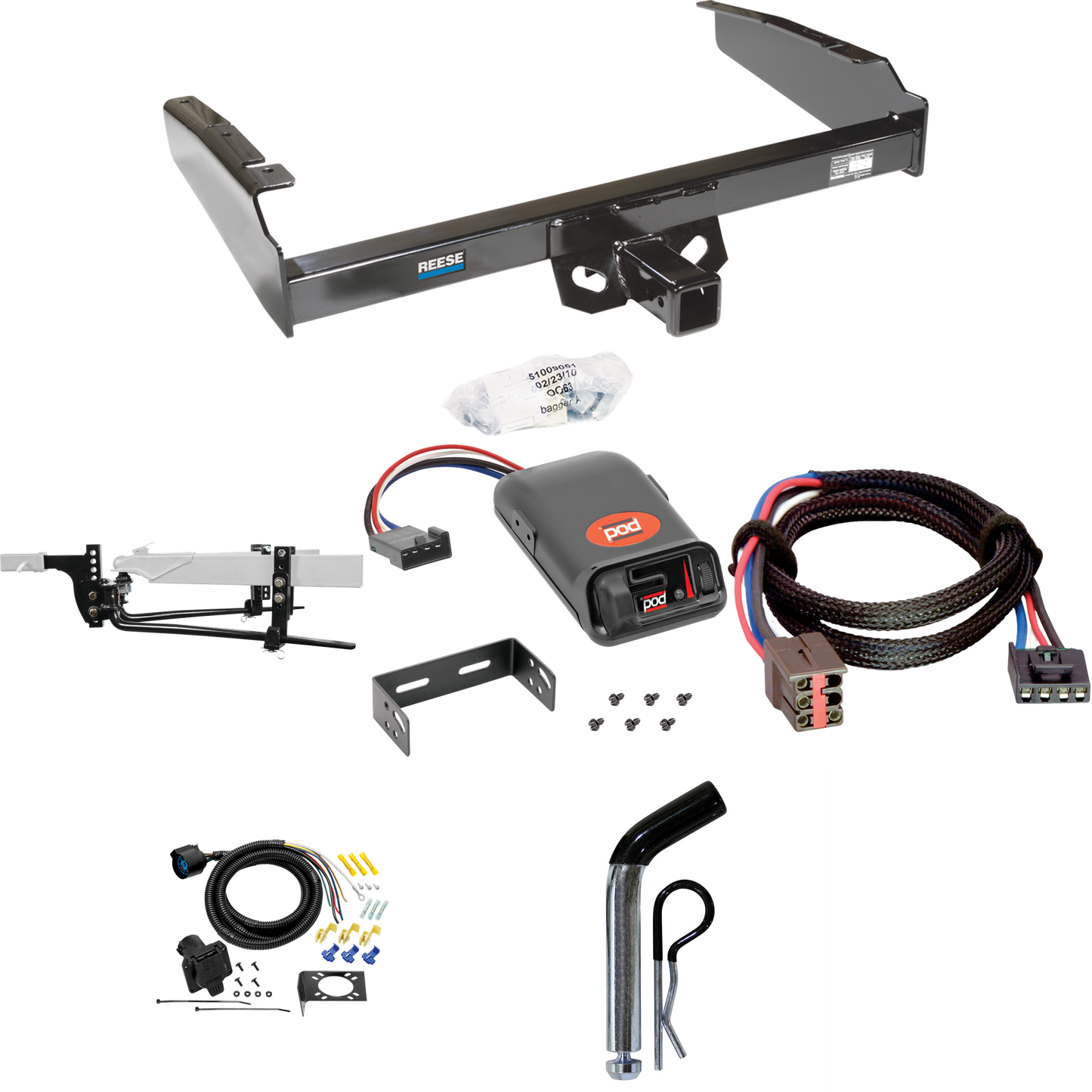 Fits 1994-1996 Ford F-150 Trailer Hitch Tow PKG w/ 11.5K Round Bar Weight Distribution Hitch w/ 2-5/16" Ball + Pin/Clip + Pro Series POD Brake Control + Plug & Play BC Adapter + 7-Way RV Wiring By Reese Towpower