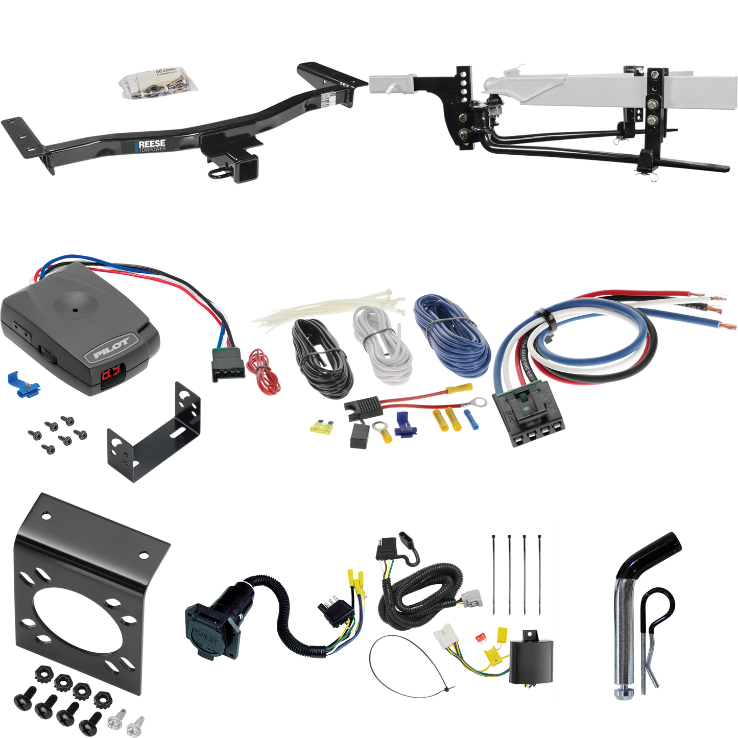 Fits 2010-2015 Lexus RX450h Trailer Hitch Tow PKG w/ 6K Round Bar Weight Distribution Hitch w/ 2-5/16" Ball + Pin/Clip + Pro Series Pilot Brake Control + Generic BC Wiring Adapter + 7-Way RV Wiring By Reese Towpower