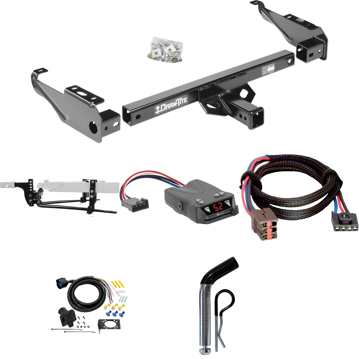 Fits 1994-1996 Ford F-150 Trailer Hitch Tow PKG w/ 11.5K Round Bar Weight Distribution Hitch w/ 2-5/16" Ball + Pin/Clip + Tekonsha Brakeman IV Brake Control + Plug & Play BC Adapter + 7-Way RV Wiring By Draw-Tite