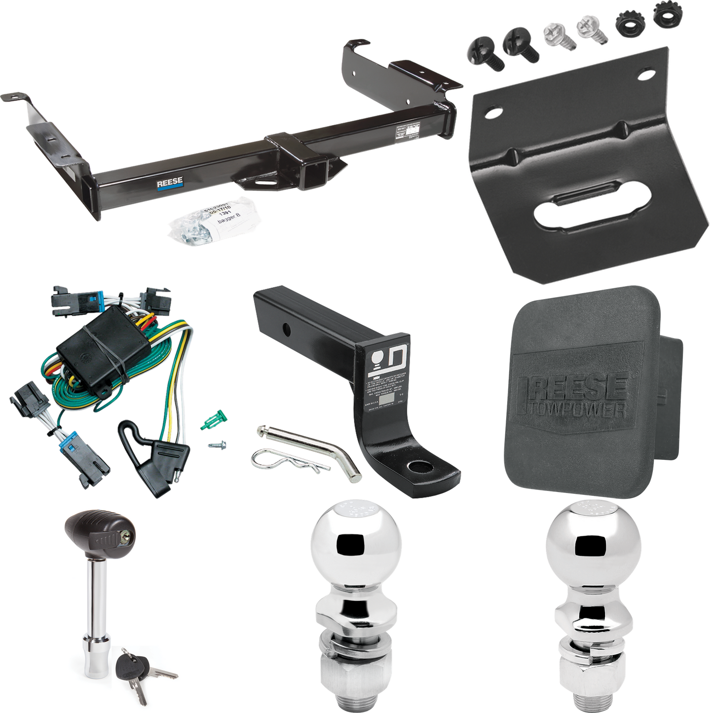 Fits 2000-2002 Chevrolet Express 3500 Trailer Hitch Tow PKG w/ 4-Flat Wiring + Ball Mount w/ 4" Drop + 2" Ball + 2-5/16" Ball + Wiring Bracket + Hitch Lock + Hitch Cover By Reese Towpower