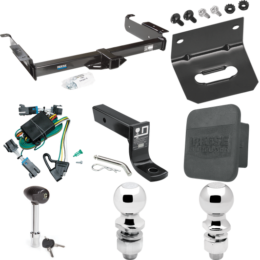 Fits 2000-2002 Chevrolet Express 3500 Trailer Hitch Tow PKG w/ 4-Flat Wiring + Ball Mount w/ 4" Drop + 2" Ball + 2-5/16" Ball + Wiring Bracket + Hitch Lock + Hitch Cover By Reese Towpower