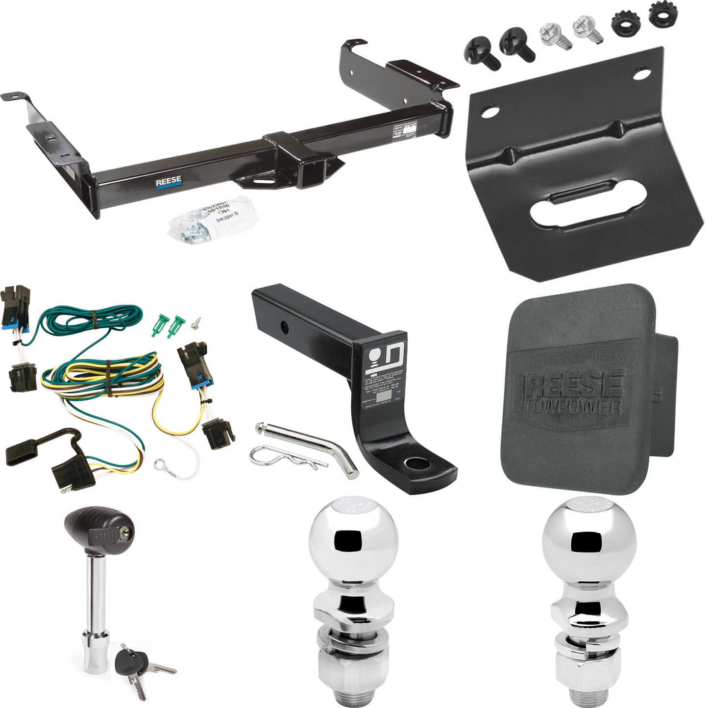 Fits 2003-2023 Chevrolet Express 2500 Trailer Hitch Tow PKG w/ 4-Flat Wiring + Ball Mount w/ 4" Drop + 2" Ball + 2-5/16" Ball + Wiring Bracket + Hitch Lock + Hitch Cover By Reese Towpower