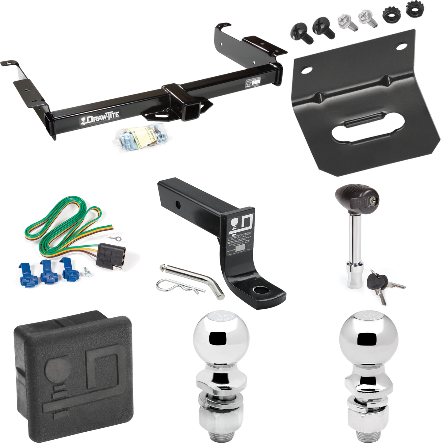 Fits 1996-1999 GMC Savana 1500 Trailer Hitch Tow PKG w/ 4-Flat Wiring + Ball Mount w/ 4" Drop + 2" Ball + 2-5/16" Ball + Wiring Bracket + Hitch Lock + Hitch Cover By Draw-Tite