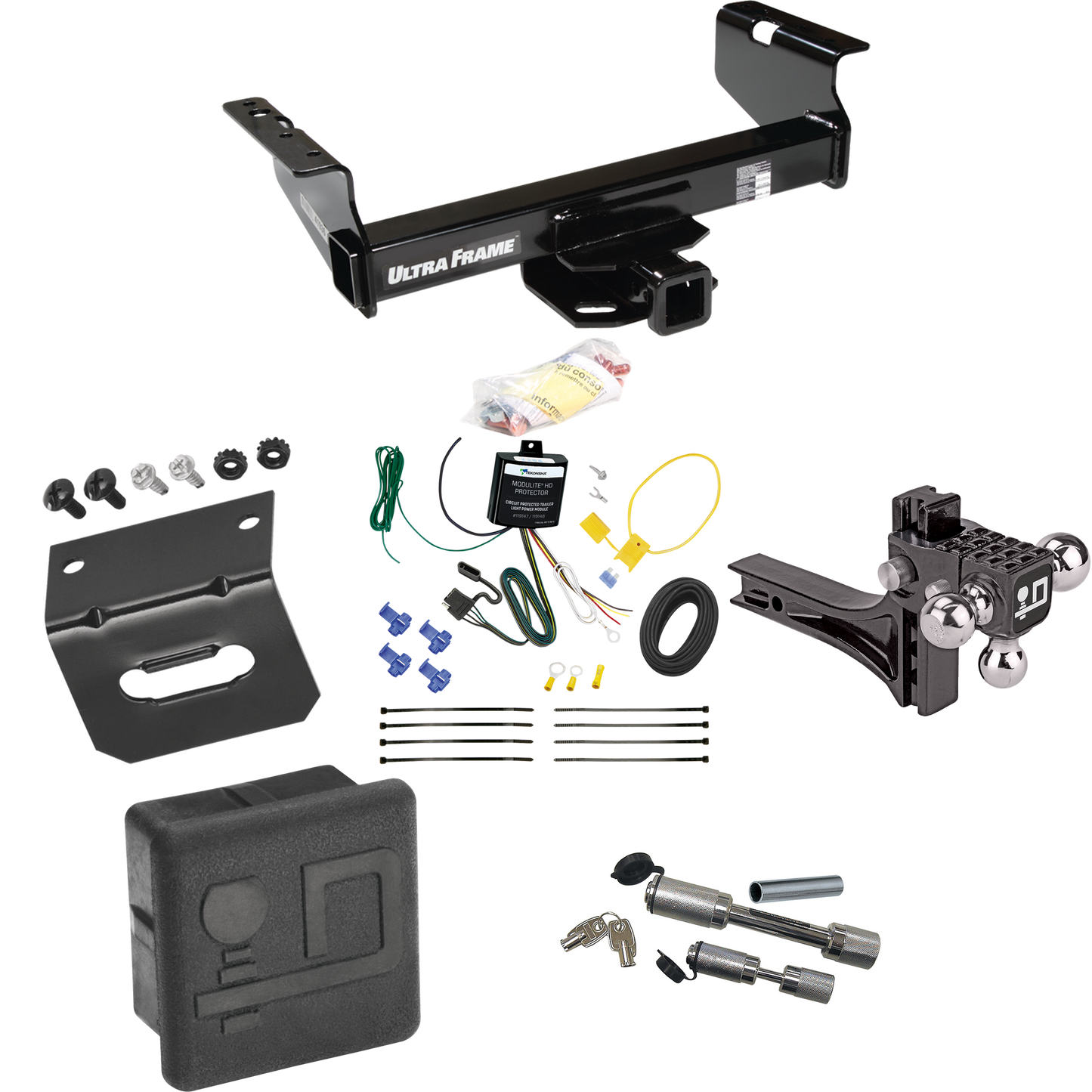 Fits 2007-2024 GMC Sierra 3500 HD Trailer Hitch Tow PKG w/ 4-Flat Wiring Harness + Adjustable Drop Rise Triple Ball Ball Mount 1-7/8" & 2" & 2-5/16" Trailer Balls + Dual Hitch & Coupler Locks + Hitch Cover + Wiring Bracket (For Cab & Chassis, w/34" W