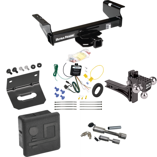 Fits 2007-2024 GMC Sierra 3500 HD Trailer Hitch Tow PKG w/ 4-Flat Wiring Harness + Adjustable Drop Rise Triple Ball Ball Mount 1-7/8" & 2" & 2-5/16" Trailer Balls + Dual Hitch & Coupler Locks + Hitch Cover + Wiring Bracket (For Cab & Chassis, w/34" W