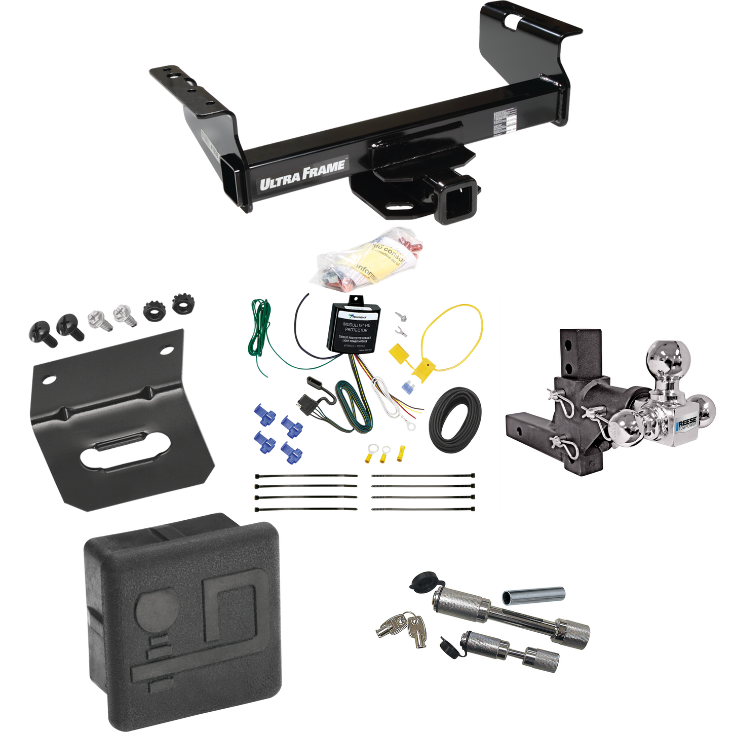 Fits 2007-2024 GMC Sierra 3500 HD Trailer Hitch Tow PKG w/ 4-Flat Wiring Harness + Adjustable Drop Rise Triple Ball Ball Mount 1-7/8" & 2" & 2-5/16" Trailer Balls + Dual Hitch & Coupler Locks + Hitch Cover + Wiring Bracket (For Cab & Chassis, w/34" W