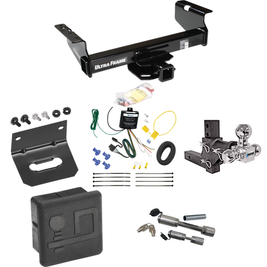 Fits 2007-2024 GMC Sierra 3500 HD Trailer Hitch Tow PKG w/ 4-Flat Wiring Harness + Adjustable Drop Rise Triple Ball Ball Mount 1-7/8" & 2" & 2-5/16" Trailer Balls + Dual Hitch & Coupler Locks + Hitch Cover + Wiring Bracket (For Cab & Chassis, w/34" W