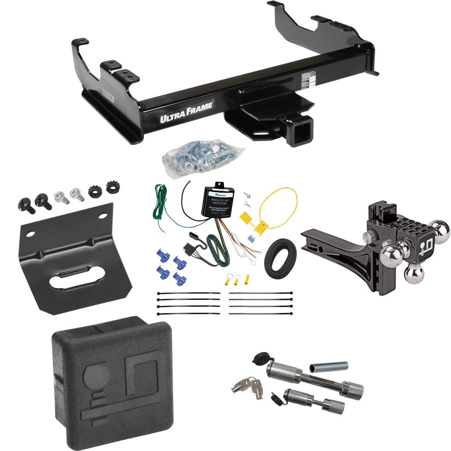 Fits 2007-2023 GMC Sierra 3500 HD Trailer Hitch Tow PKG w/ 4-Flat Wiring Harness + Adjustable Drop Rise Triple Ball Ball Mount 1-7/8" & 2" & 2-5/16" Trailer Balls + Dual Hitch & Coupler Locks + Hitch Cover + Wiring Bracket (For Cab & Chassis, w/34" W