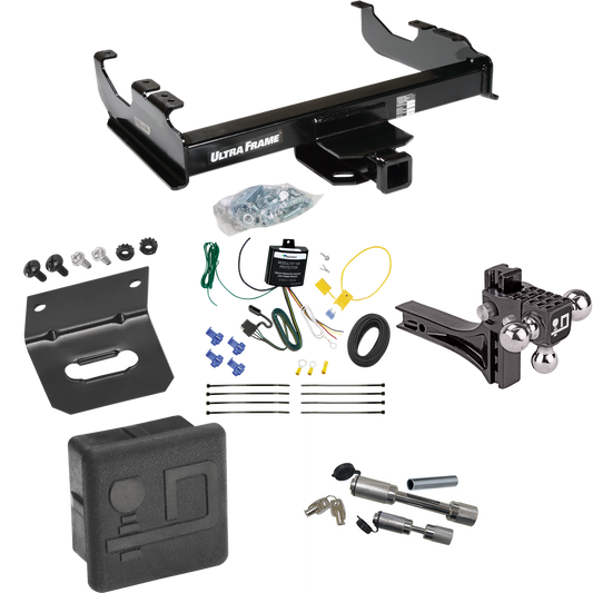 Fits 2007-2023 GMC Sierra 3500 HD Trailer Hitch Tow PKG w/ 4-Flat Wiring Harness + Adjustable Drop Rise Triple Ball Ball Mount 1-7/8" & 2" & 2-5/16" Trailer Balls + Dual Hitch & Coupler Locks + Hitch Cover + Wiring Bracket (For Cab & Chassis, w/34" W