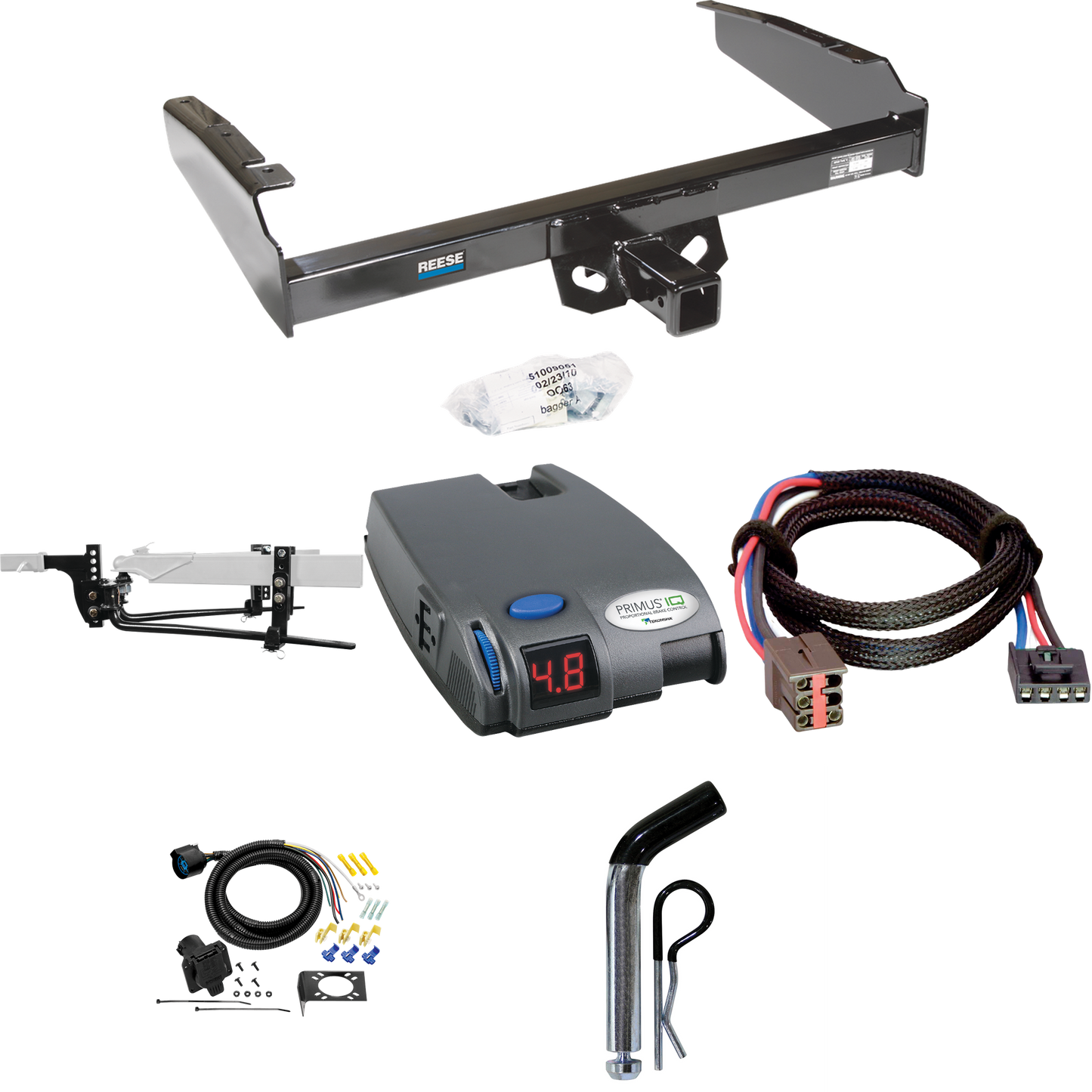 Fits 1994-1996 Ford F-250 Trailer Hitch Tow PKG w/ 11.5K Round Bar Weight Distribution Hitch w/ 2-5/16" Ball + Pin/Clip + Tekonsha Primus IQ Brake Control + Plug & Play BC Adapter + 7-Way RV Wiring By Reese Towpower