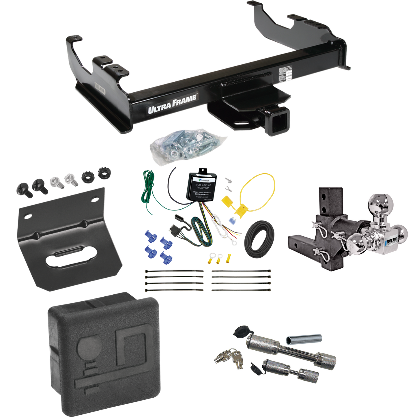 Fits 2007-2023 GMC Sierra 3500 HD Trailer Hitch Tow PKG w/ 4-Flat Wiring Harness + Adjustable Drop Rise Triple Ball Ball Mount 1-7/8" & 2" & 2-5/16" Trailer Balls + Dual Hitch & Coupler Locks + Hitch Cover + Wiring Bracket (For Cab & Chassis, w/34" W