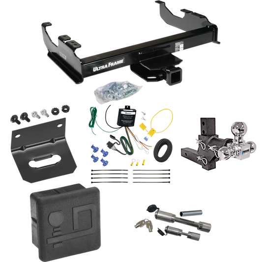 Fits 2007-2023 GMC Sierra 3500 HD Trailer Hitch Tow PKG w/ 4-Flat Wiring Harness + Adjustable Drop Rise Triple Ball Ball Mount 1-7/8" & 2" & 2-5/16" Trailer Balls + Dual Hitch & Coupler Locks + Hitch Cover + Wiring Bracket (For Cab & Chassis, w/34" W