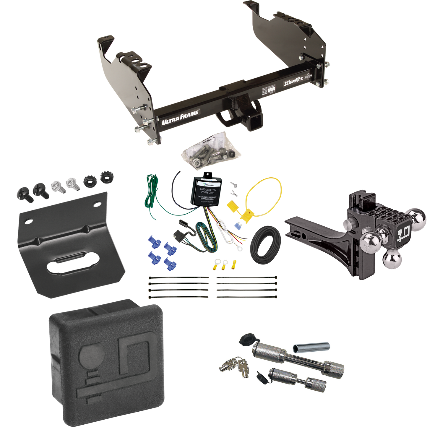 Fits 2007-2024 GMC Sierra 3500 HD Trailer Hitch Tow PKG w/ 4-Flat Wiring Harness + Adjustable Drop Rise Triple Ball Ball Mount 1-7/8" & 2" & 2-5/16" Trailer Balls + Dual Hitch & Coupler Locks + Hitch Cover + Wiring Bracket (For Cab & Chassis, w/34" W