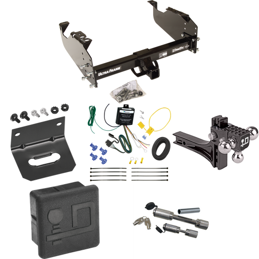 Fits 2007-2024 GMC Sierra 3500 HD Trailer Hitch Tow PKG w/ 4-Flat Wiring Harness + Adjustable Drop Rise Triple Ball Ball Mount 1-7/8" & 2" & 2-5/16" Trailer Balls + Dual Hitch & Coupler Locks + Hitch Cover + Wiring Bracket (For Cab & Chassis, w/34" W