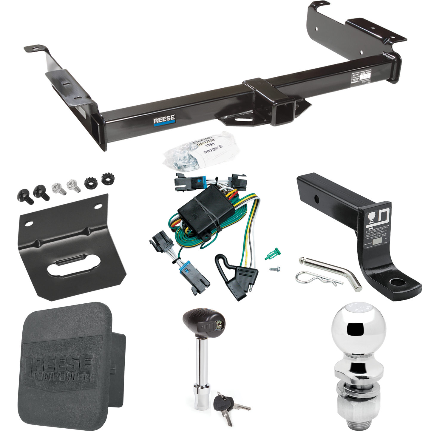 Fits 2000-2002 Chevrolet Express 1500 Trailer Hitch Tow PKG w/ 4-Flat Wiring + Ball Mount w/ 4" Drop + 2" Ball + Wiring Bracket + Hitch Lock + Hitch Cover By Reese Towpower