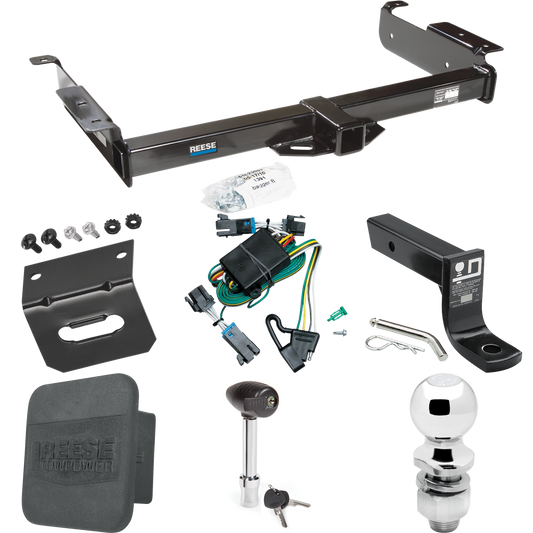 Fits 2000-2002 Chevrolet Express 1500 Trailer Hitch Tow PKG w/ 4-Flat Wiring + Ball Mount w/ 4" Drop + 2" Ball + Wiring Bracket + Hitch Lock + Hitch Cover By Reese Towpower